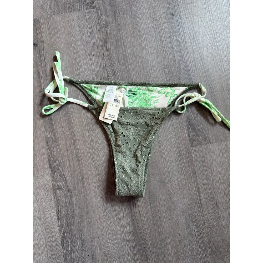 Aerie Real Good Cheekiest Bikini Bottom Olive Green Eyelet Floral Side Tie XS